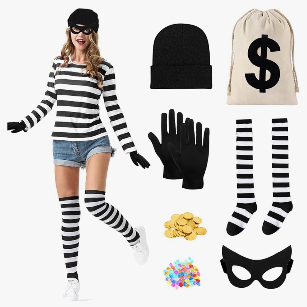 Women Robber Set Halloween Costume Adult Striped Outfit